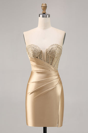 Golden Strapless Corset Satin Homecoming Dress